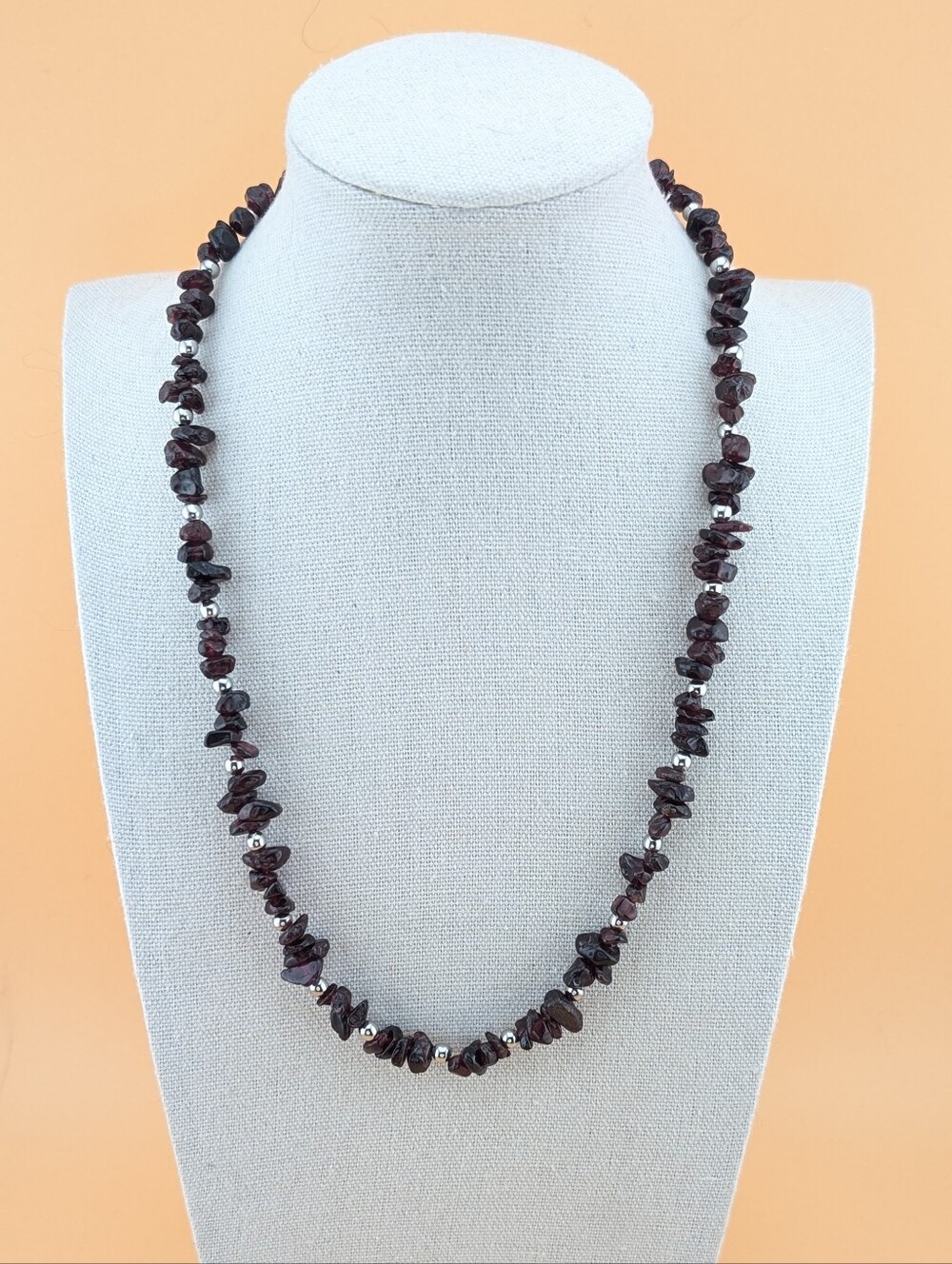 Garnet Gemstone Chip Beaded Necklace Silver Accents Boho